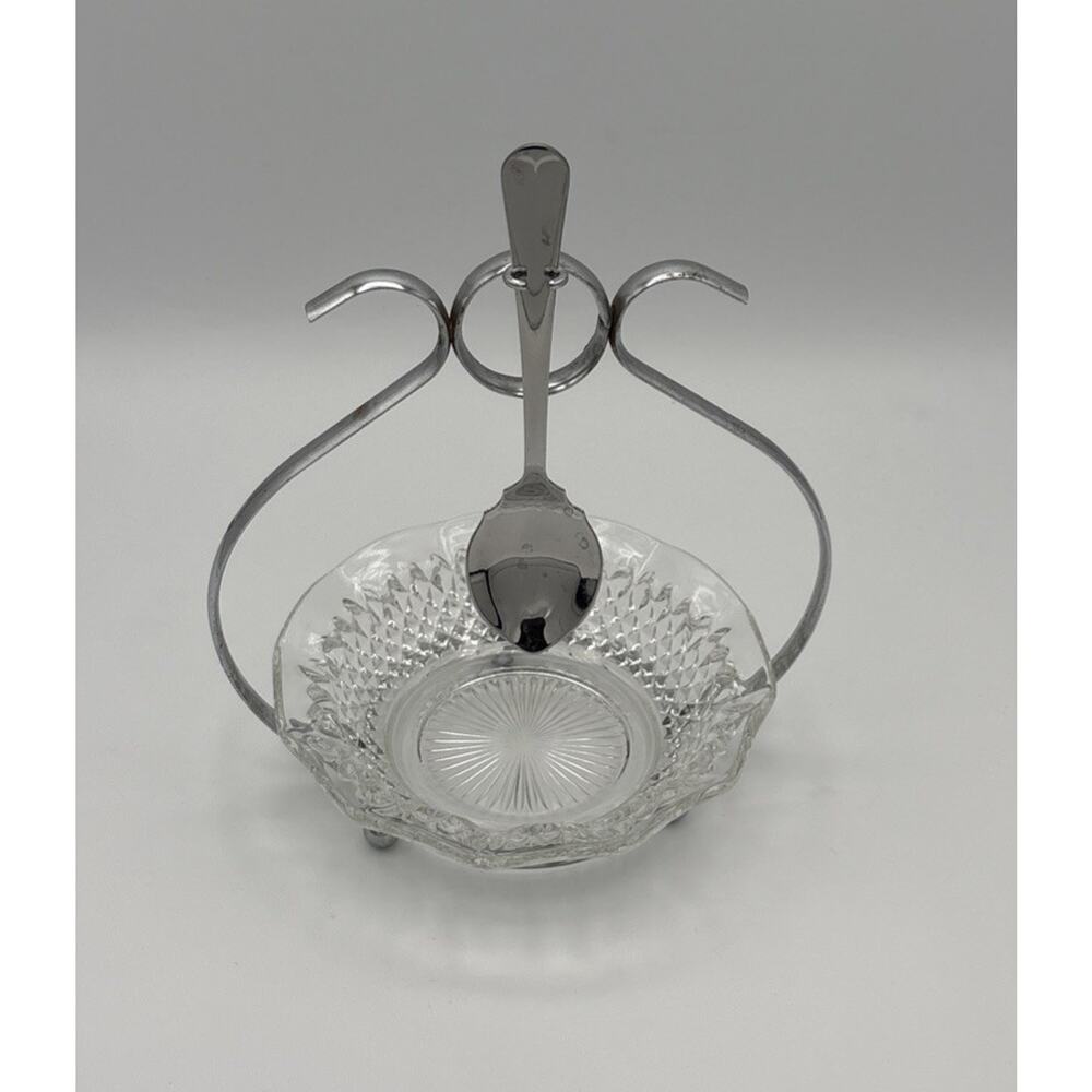 Vintage Condiment Set Wexford Pattern Glass Dish Silver Plated Frame with Spoon